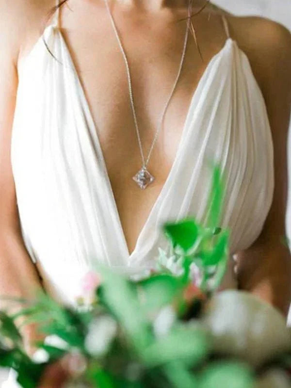 A Line V Neck Straps Spaghetti Sheath Chiffon Wedding Dress