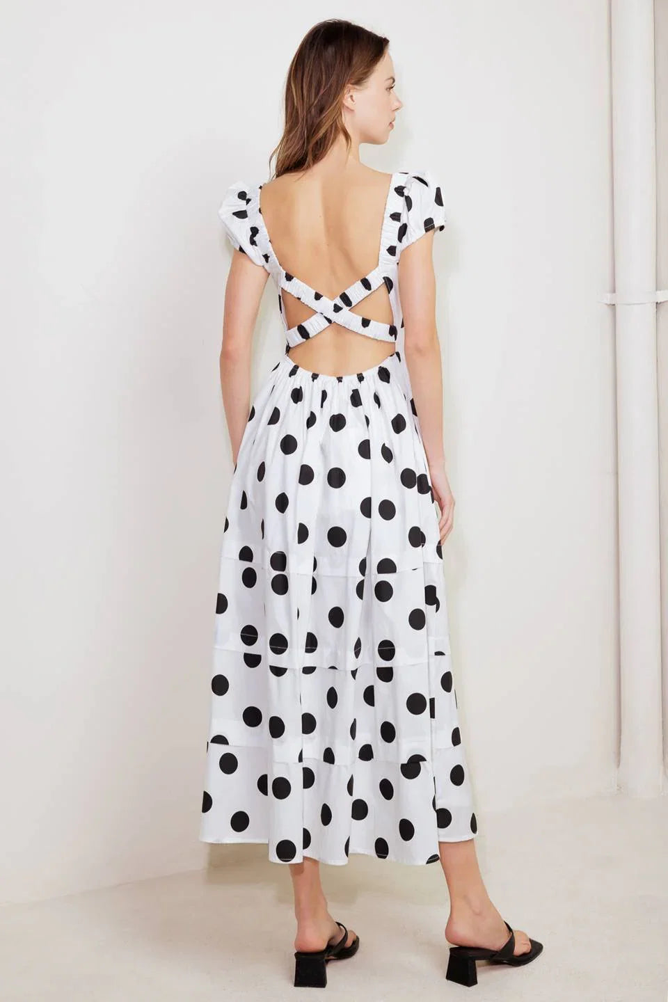 SHORT SLEEVE WHITE BLACK POLKA DOT MIDI DRESS