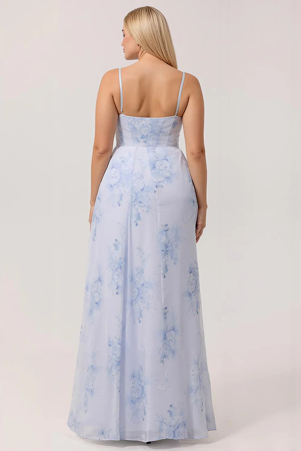 Blue Floral Mermaid Spaghetti Straps Corset Long Bridesmaid Dress with Streamer