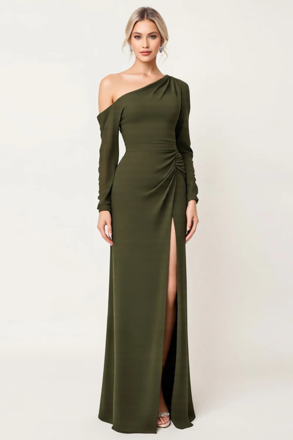Elegant Sheath One Shoulder Olive Ruched Bridesmaid Dress with Slit