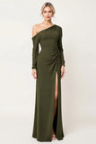 Elegant Sheath One Shoulder Olive Ruched Bridesmaid Dress with Slit