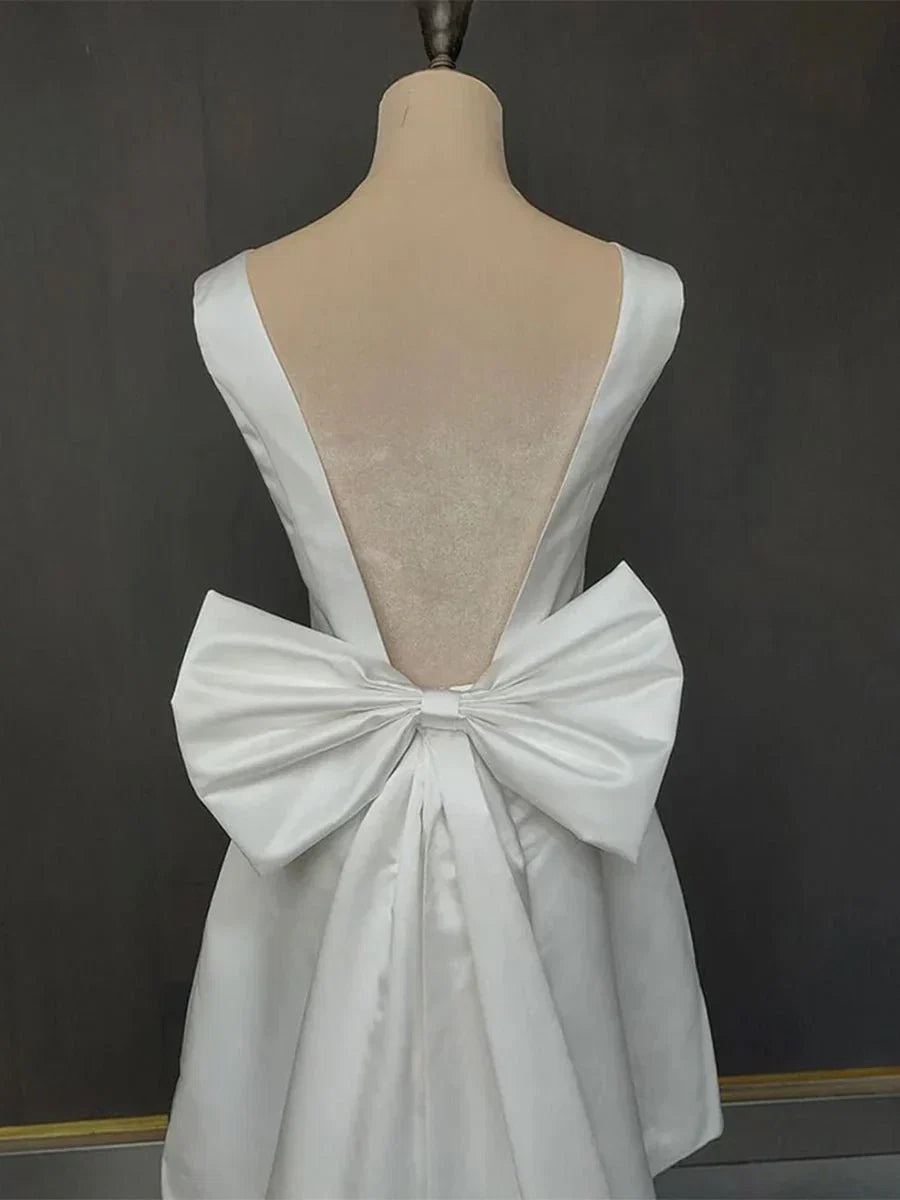 A Line Satin V Neck Short Wedding Dress with Large Bow