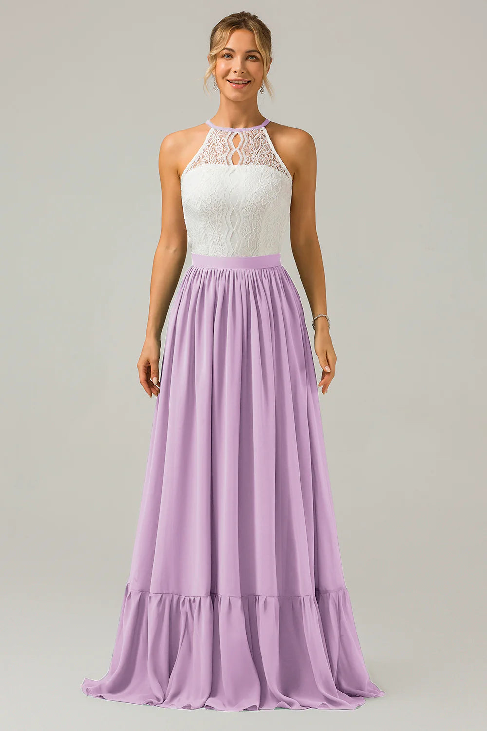 A Line Halter Pleated Keyhole Chiffon Bridesmaid Dress With Lace