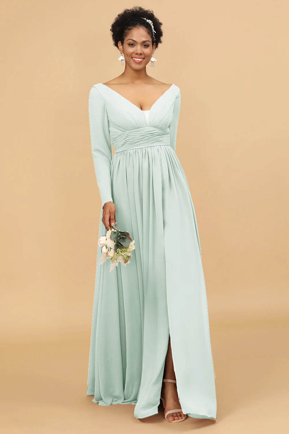 A Line V Neck Long Sleeves Chiffon Bridesmaid Dress with Slit