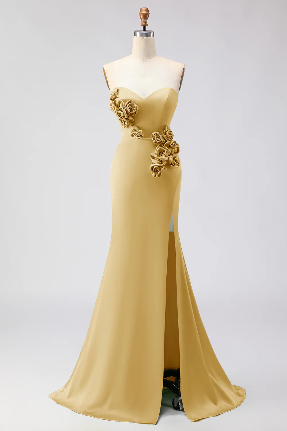 Green Strapless Mermaid 3D Flower Satin Long Prom Dress with Slit