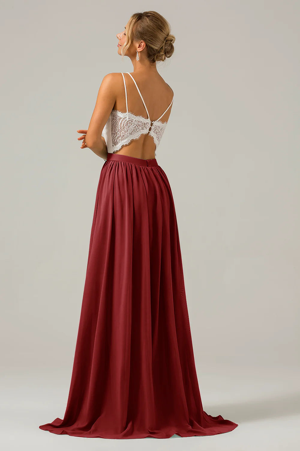 A Line Spaghetti Straps Pleated Long Bridesmaid Dress With Lace