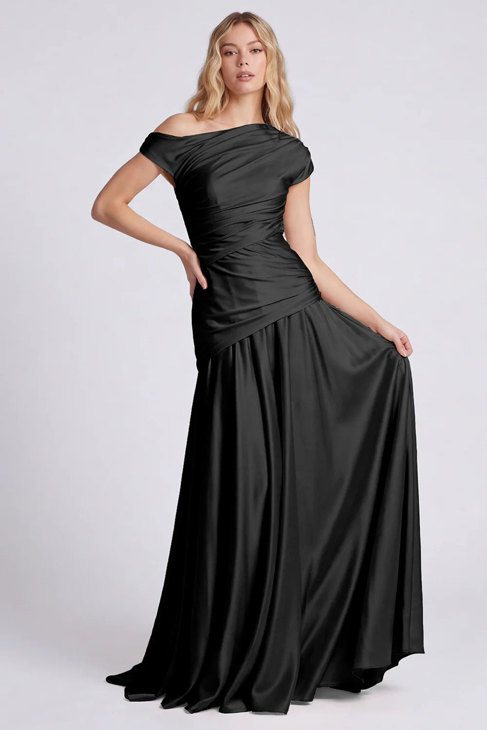 Off the Shoulder Champagne Ruched Satin Formal Dress