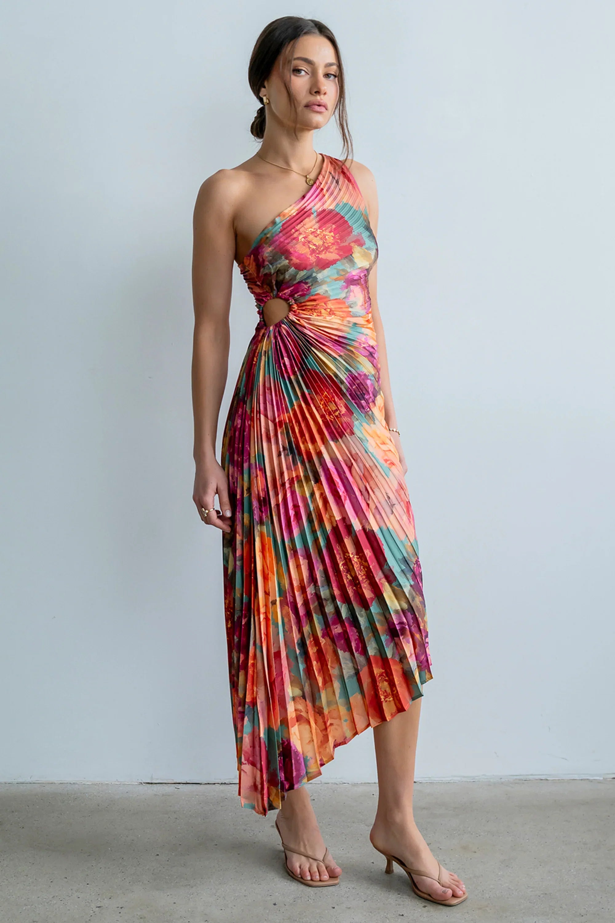Asymmetrical Pleated Maxi Dress in Multi