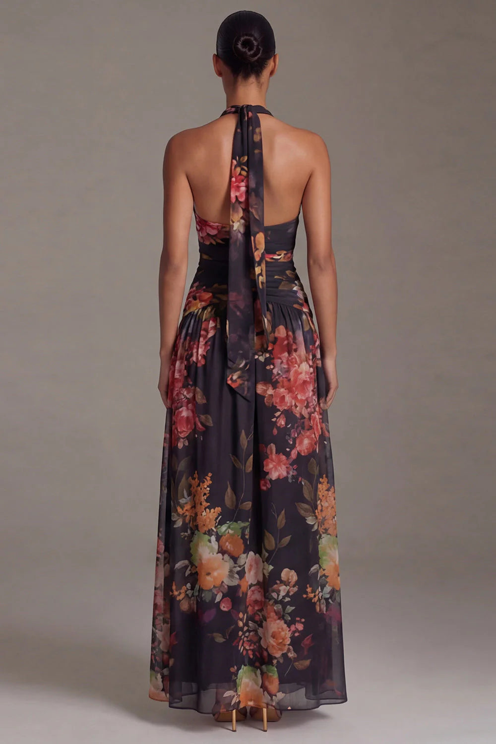 Halter Black A Line Printed Formal Dress with Slit
