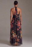 Halter Black A Line Printed Formal Dress with Slit