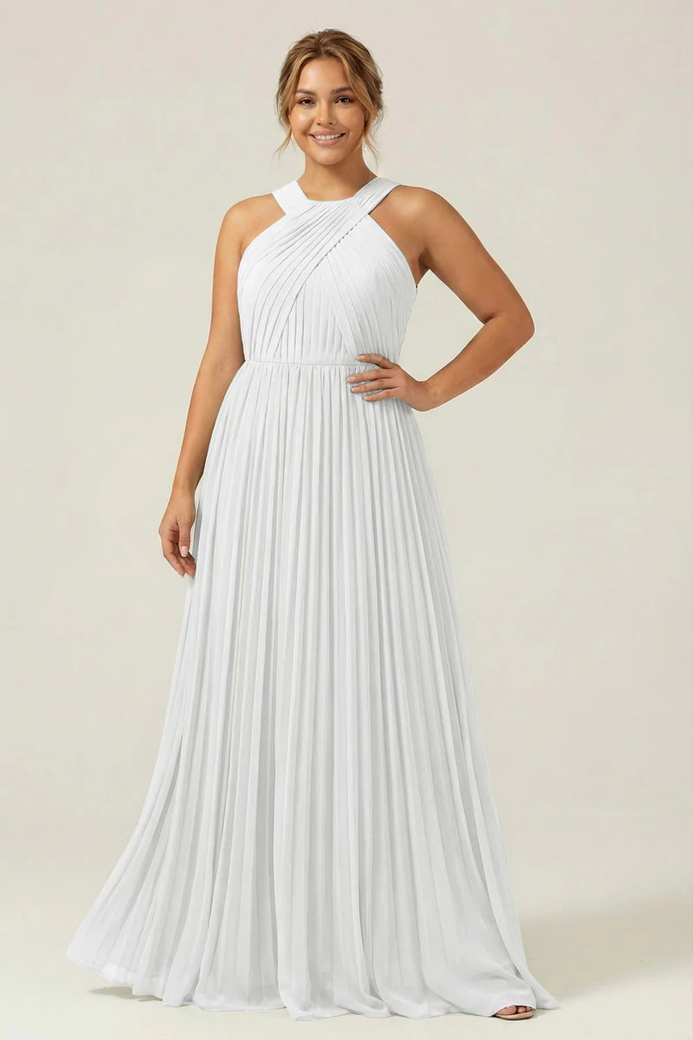 Halter A Line Dusty Sage Pleated Long Plus Size Bridesmaid Dress
