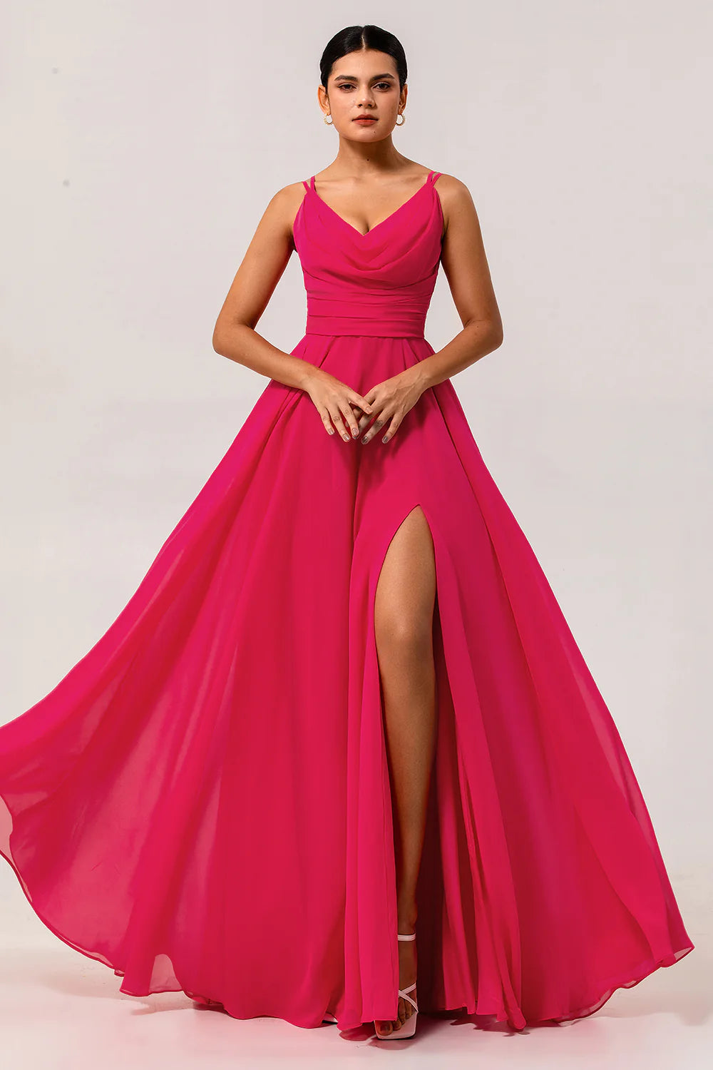 Hot Pink A Line Cowl Neck Chiffon Long Bridesmaid Dress with Slit
