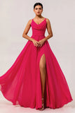 Hot Pink A Line Cowl Neck Chiffon Long Bridesmaid Dress with Slit