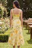 A Line Square Neck Floral Yellow Wedding Guest Dress