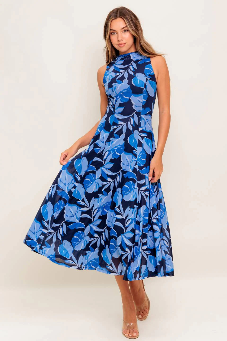 PALMER POWER MESH PRINTED MIDI DRESS BLUE