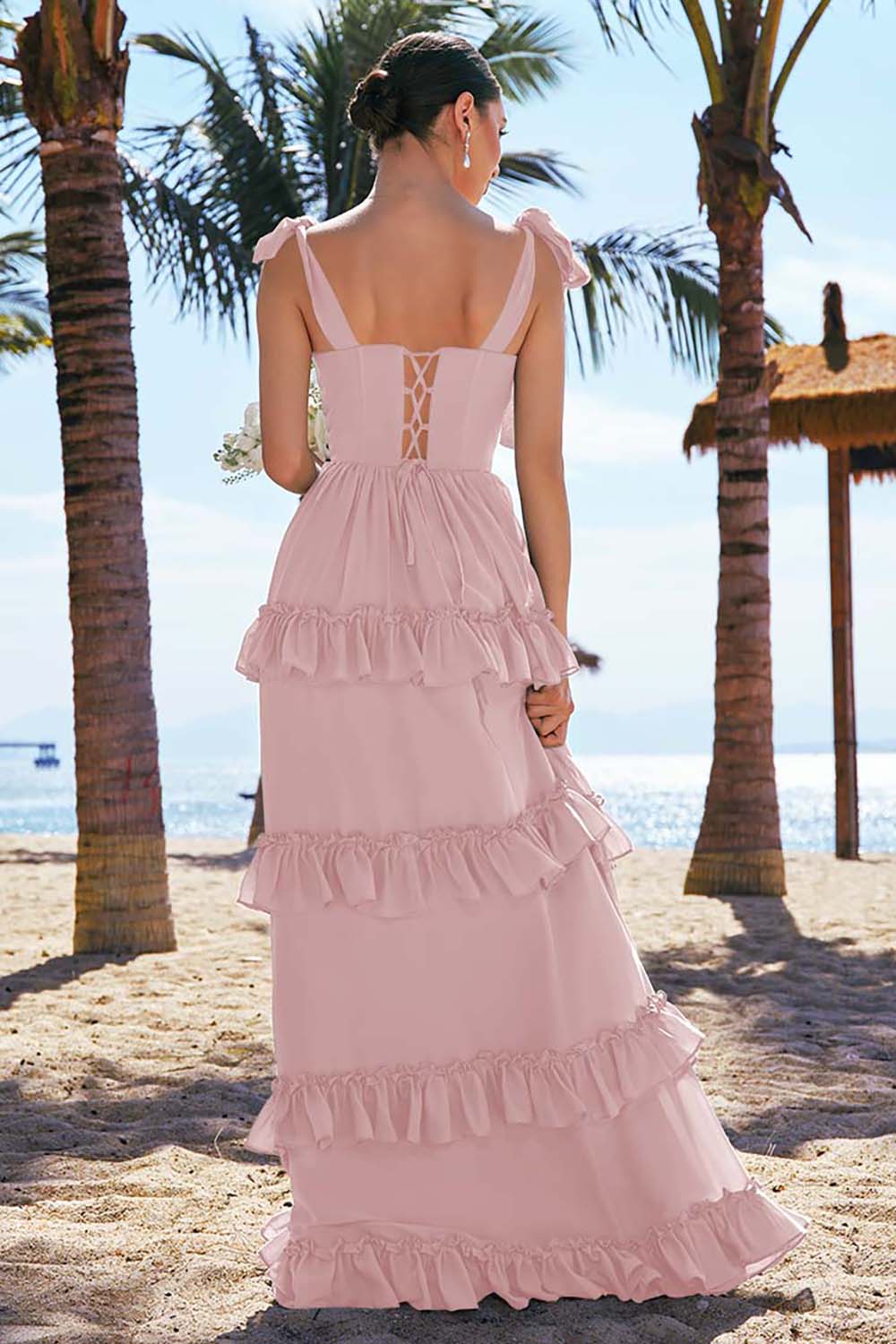 Eucalyptus A Line Bow Tie Straps Corset Tiered Long Bridesmaid Dress with Slit