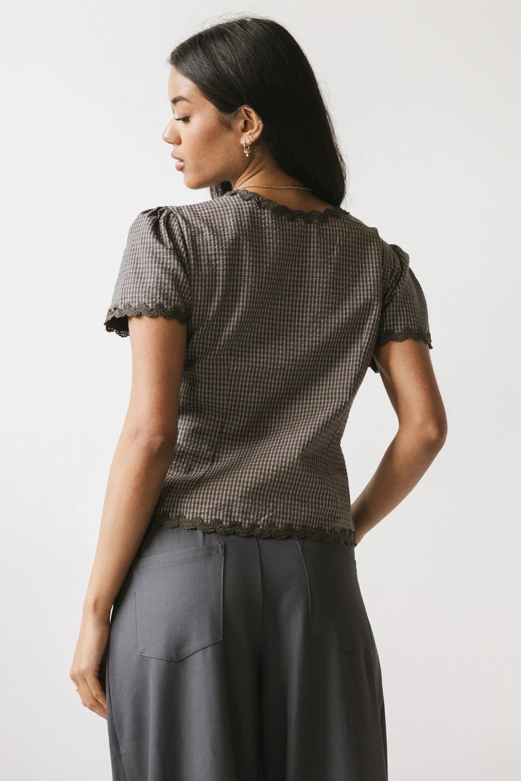 Serra Lace Trim Blouse in Charcoal FINAL SALE