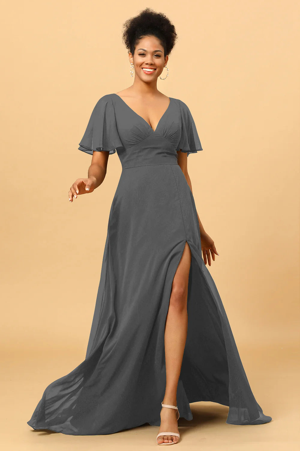 A Line V Neck Long Chiffon Bridesmaid Dress with Slit