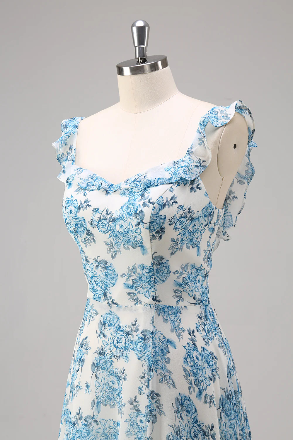 White Blue Flower A Line Square Neck Long Bridesmaid Dress with Slit