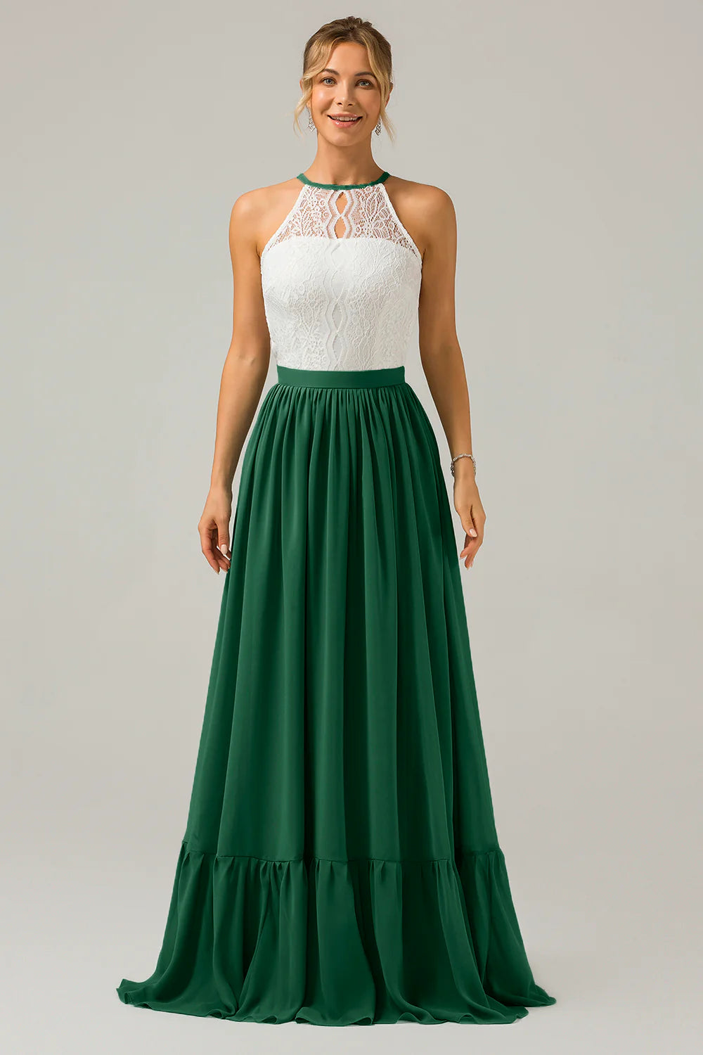 A Line Halter Pleated Keyhole Chiffon Bridesmaid Dress With Lace