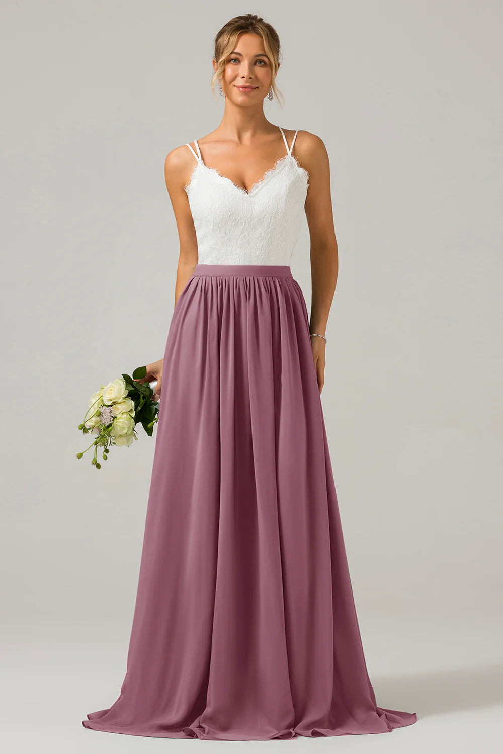 A Line Spaghetti Straps Pleated Long Bridesmaid Dress With Lace