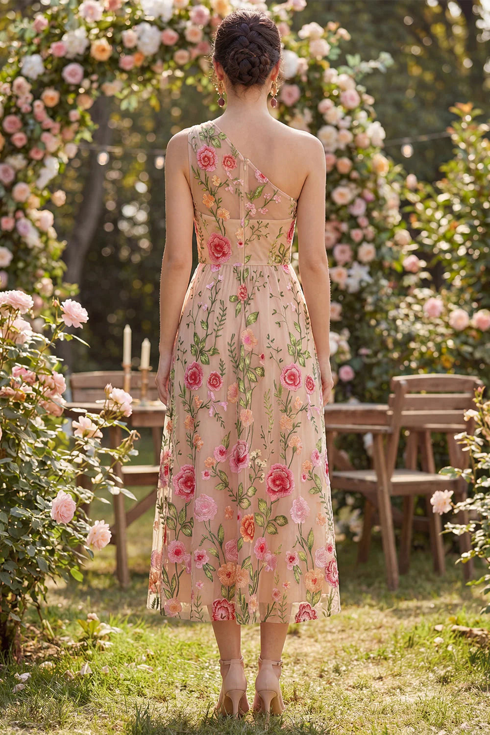 One Shoulder A Line Blush Floral Wedding Guest Dress