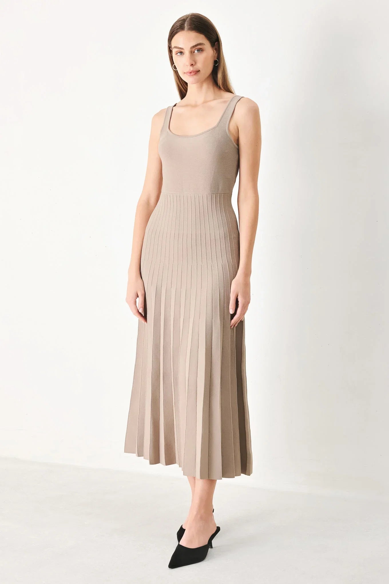 SWEATER KNIT MIDI DRESS WITH PLEATED SKIRT