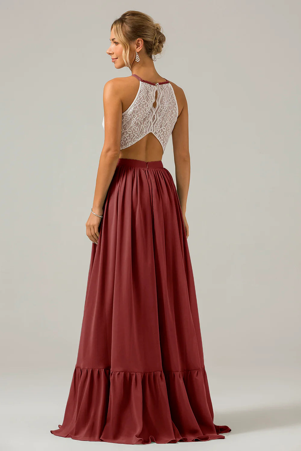 A Line Halter Pleated Keyhole Chiffon Bridesmaid Dress With Lace