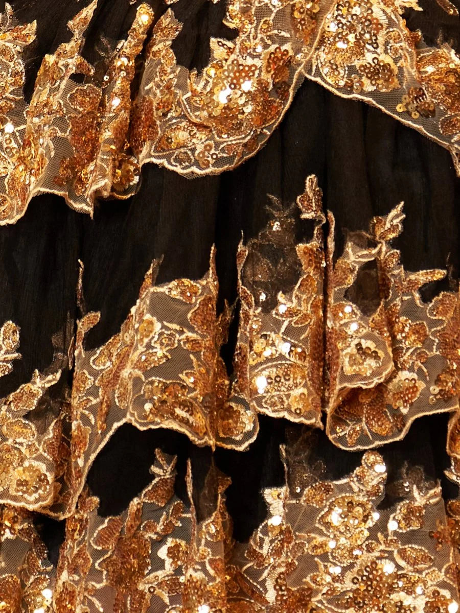 Ronda Gold Off the Shoulder Applique Ruffle Homecoming Dress