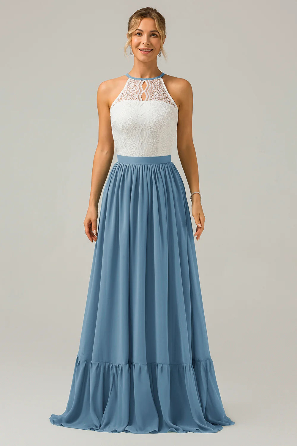 A Line Halter Pleated Keyhole Chiffon Bridesmaid Dress With Lace