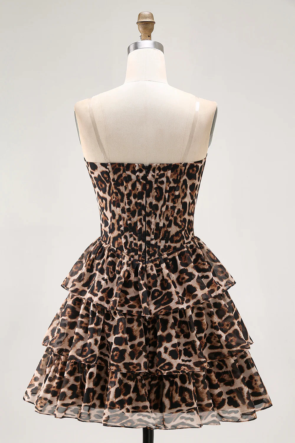 Brown Leopard Strapless Ruffled A Line Corset Mini Homecoming Dress