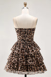 Brown Leopard Strapless Ruffled A Line Corset Mini Homecoming Dress