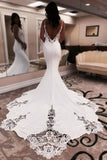 Unique Mermaid V Neck Satin Wedding Dress with Appliques