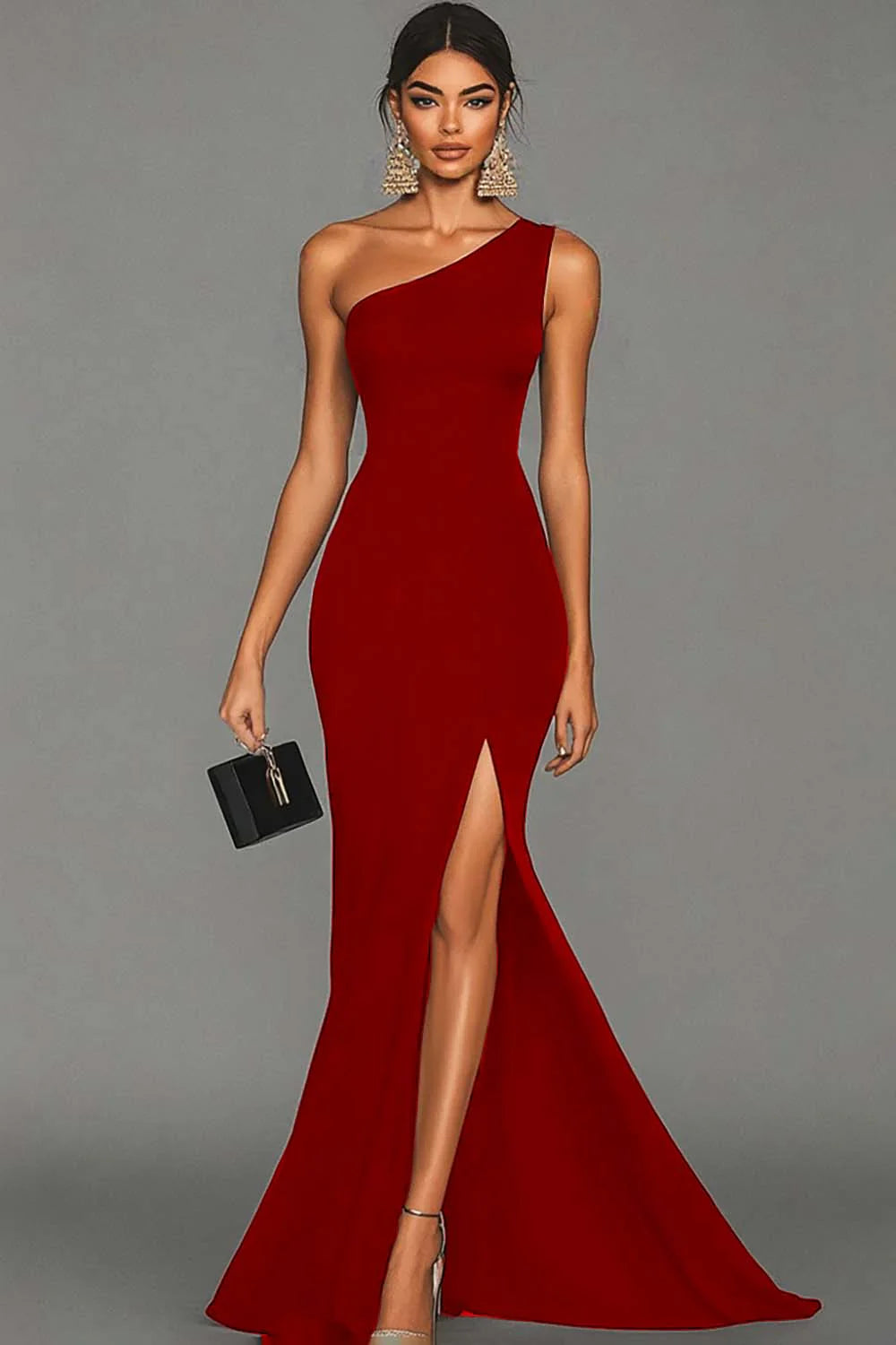 Black Mermaid One Shoulder Long Formal Dress with Slit