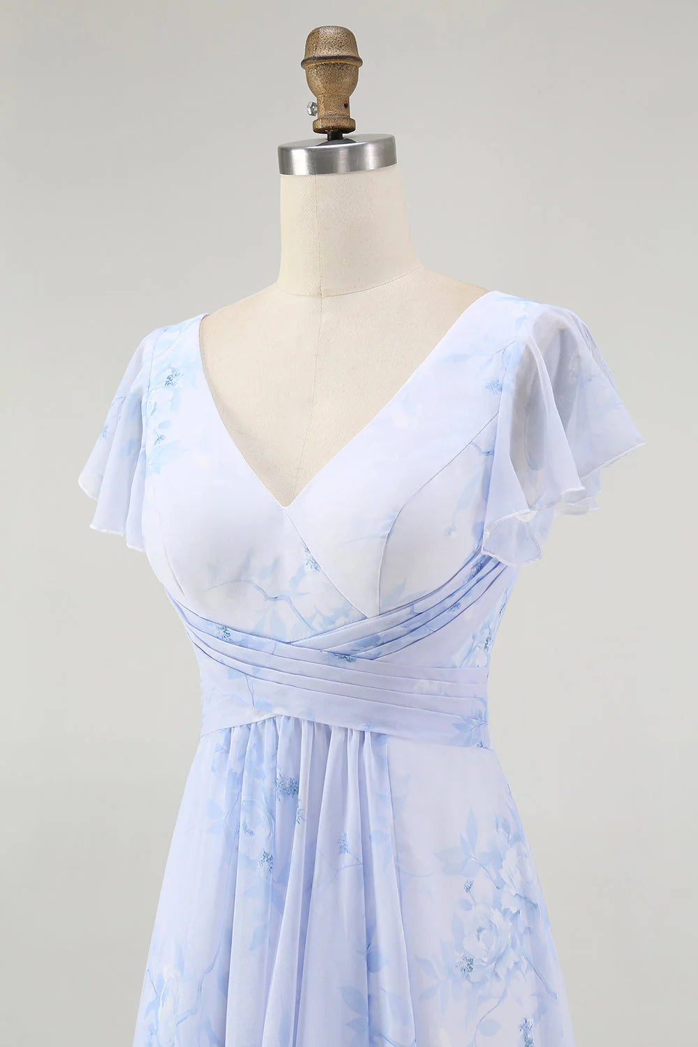 Dusty Sage A Line Chiffon Flutter Sleeves Print Floral Bridesmaid Dress with Slit
