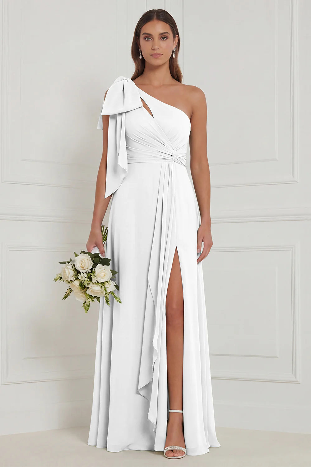 Sage A Line One Shoulder Long Bridesmaid Dress with Slit
