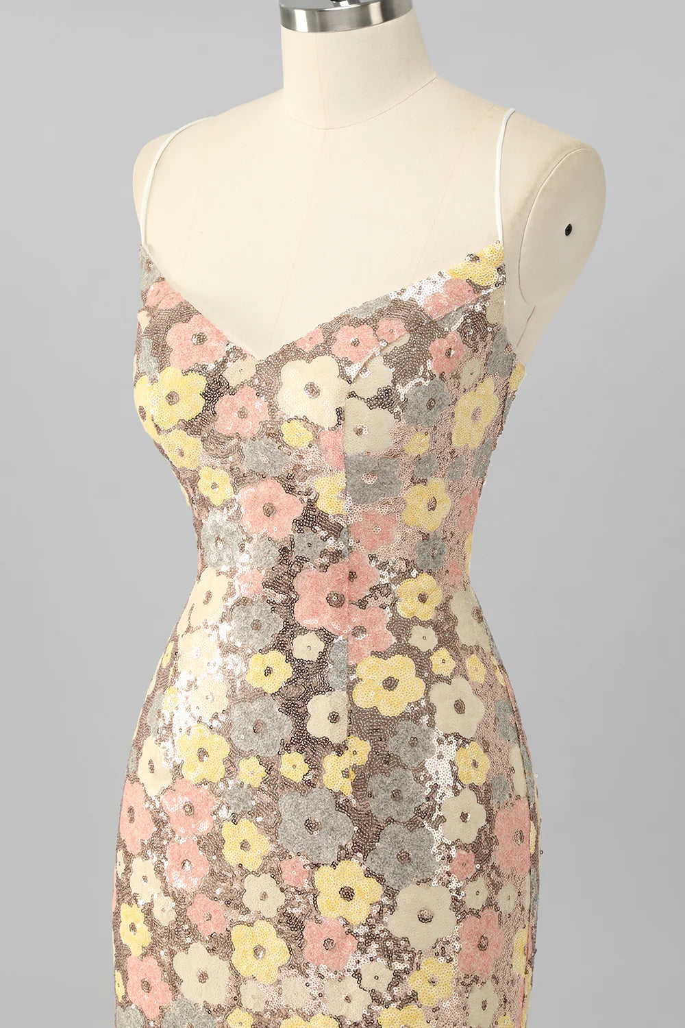 Yellow Flower Bodycon Sequins Spaghetti Straps Homecoming Dress with Lace Up Back