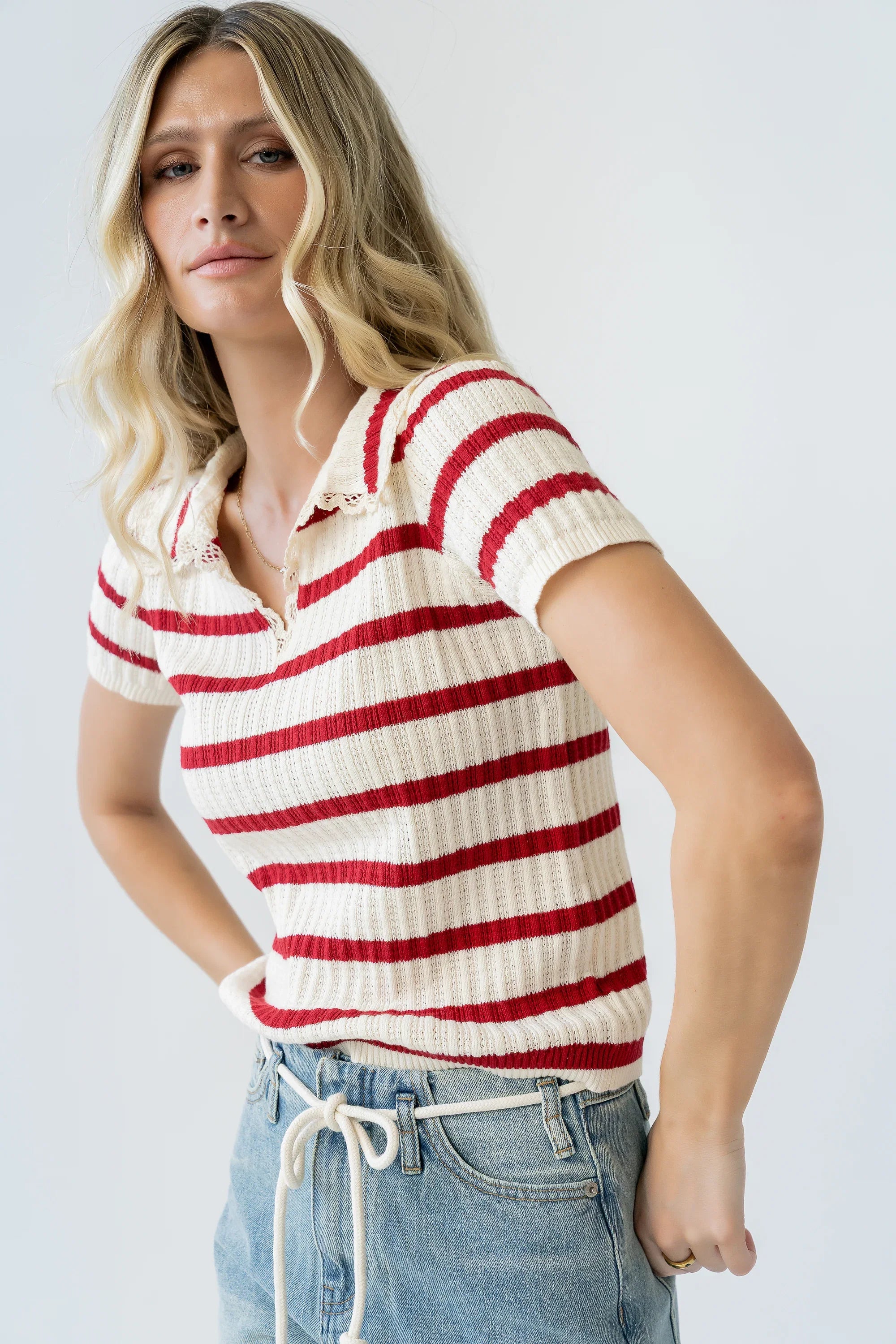 Tess Striped Collared Top in Red