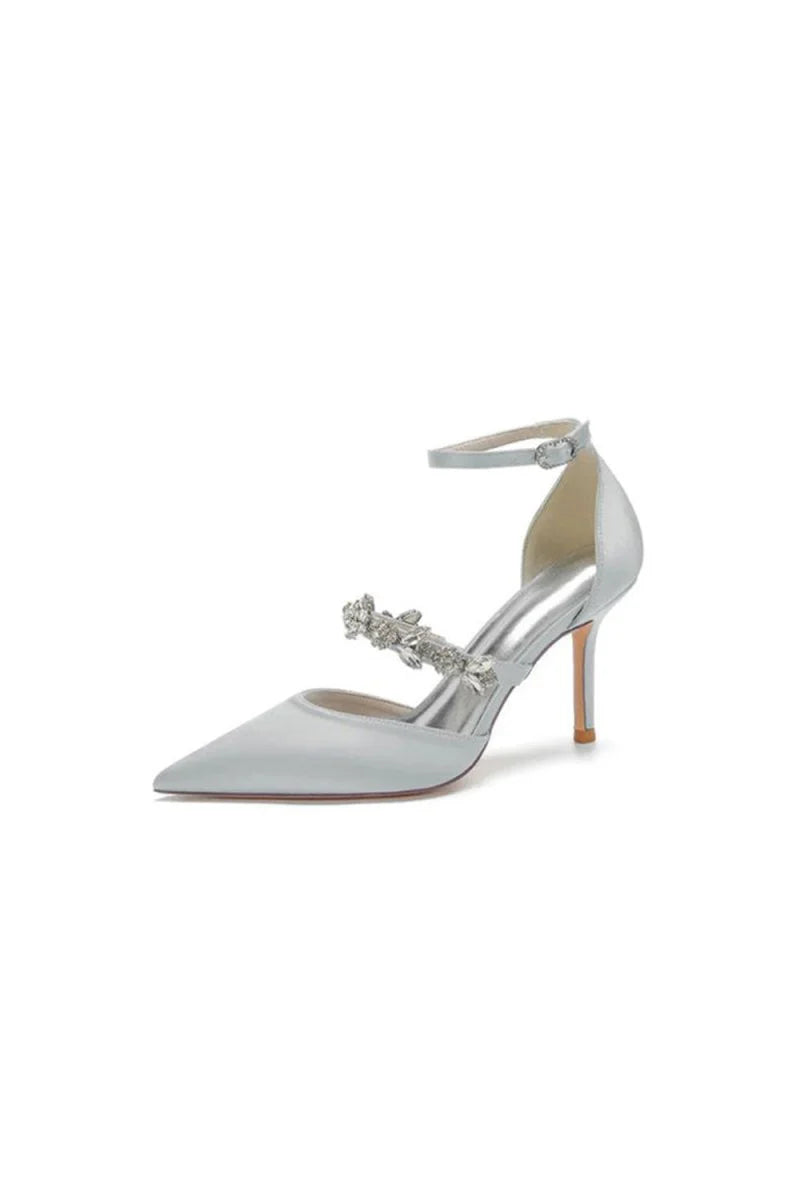 Crystal Strap Pointed Toe Satin High Heels