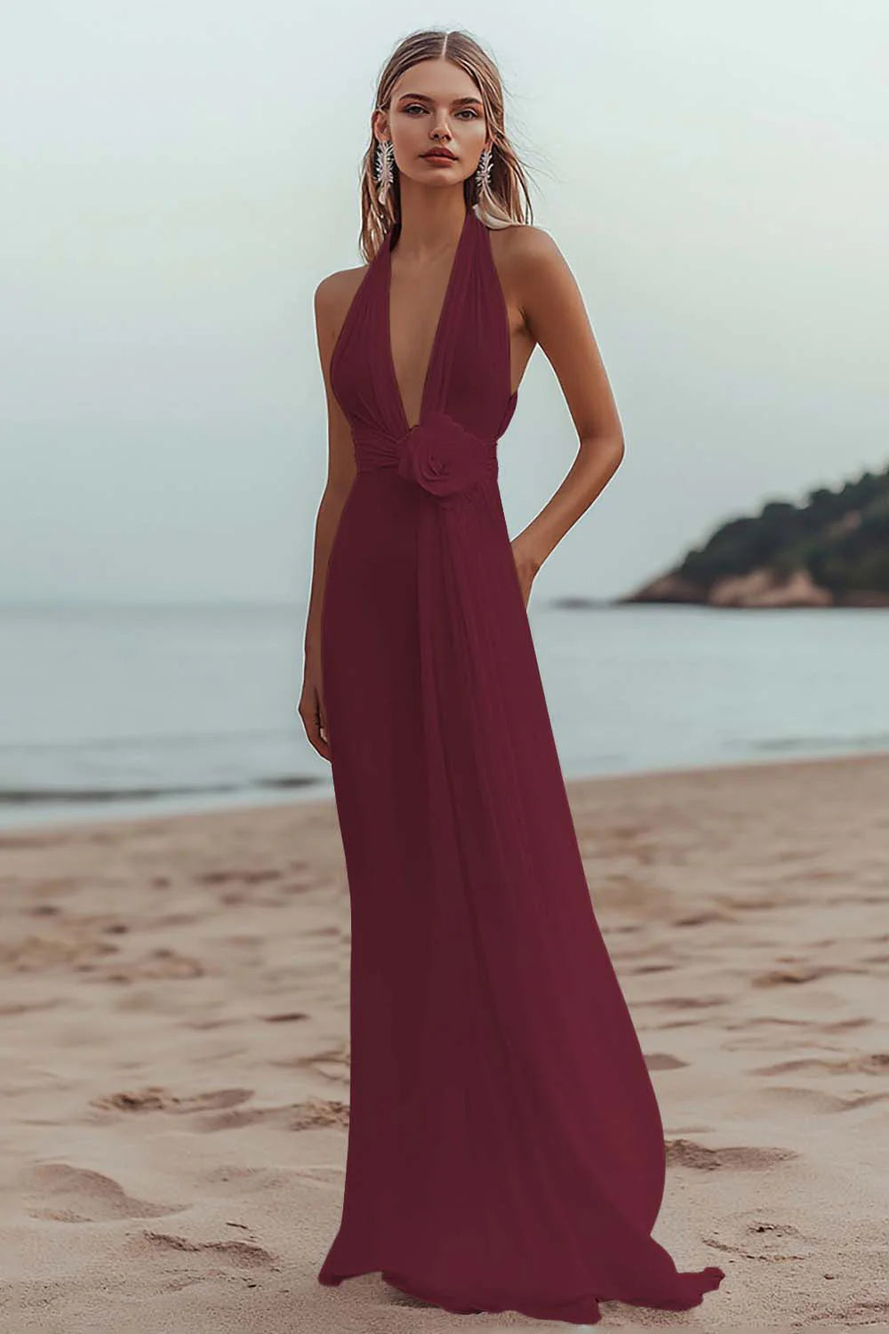 White A Line V Neck Engagement Dress With 3D Flowers