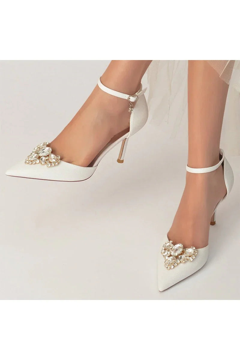 Pointed Toe Glitter Ankle Strap Rhinestone High Heels