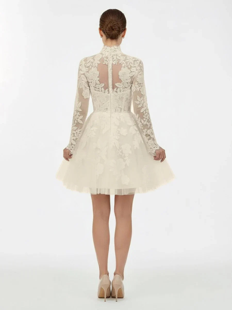 Short White A Line Illusion Neck Long Sleeves Lace Wedding Dresses