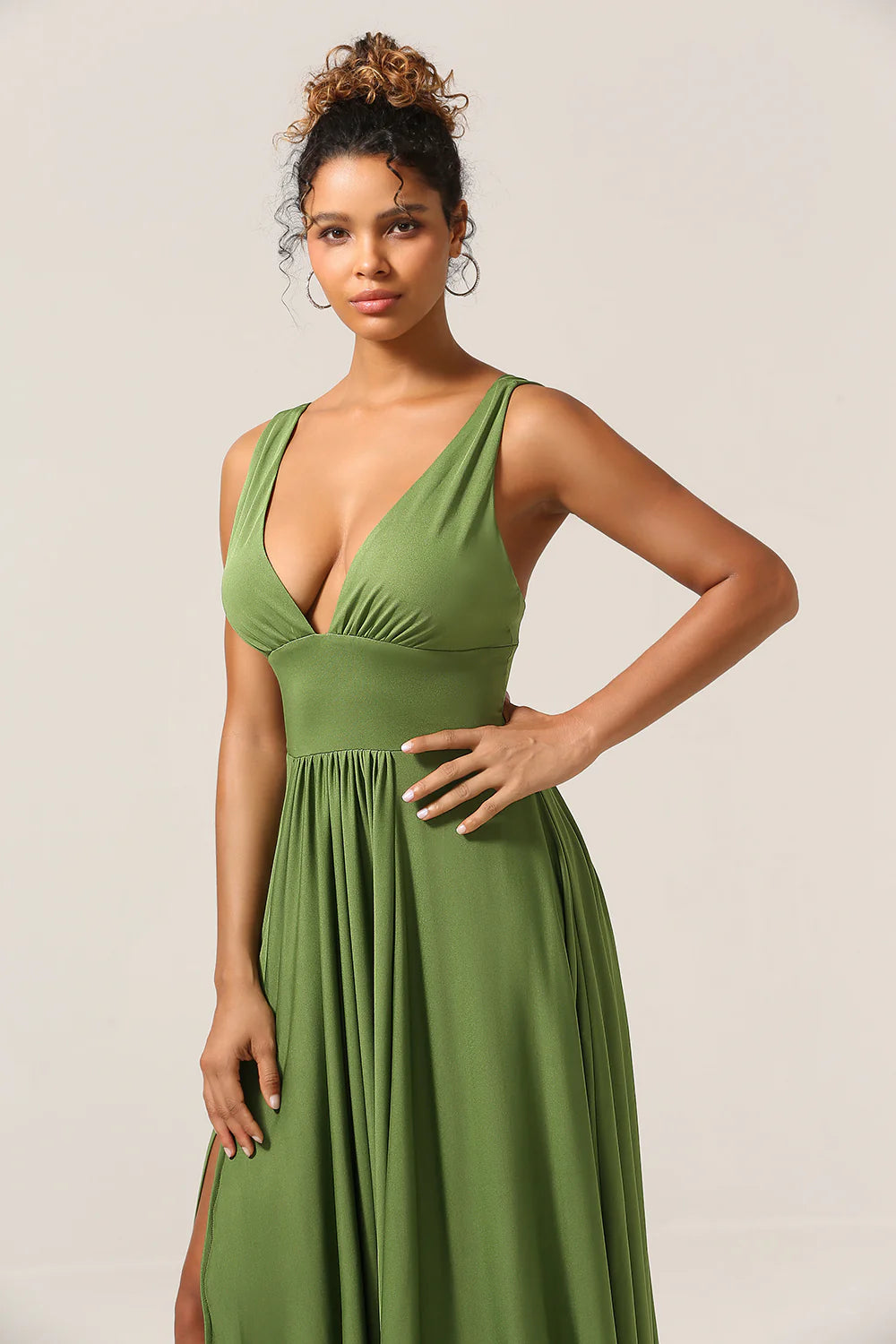 Olive A Line Deep V neck Spandex Floor Length Bridesmaid Dress with Slit