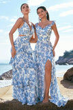 White and Blue Flower A Line Spaghetti Straps Hollow Out Print Bridesmaid Dress
