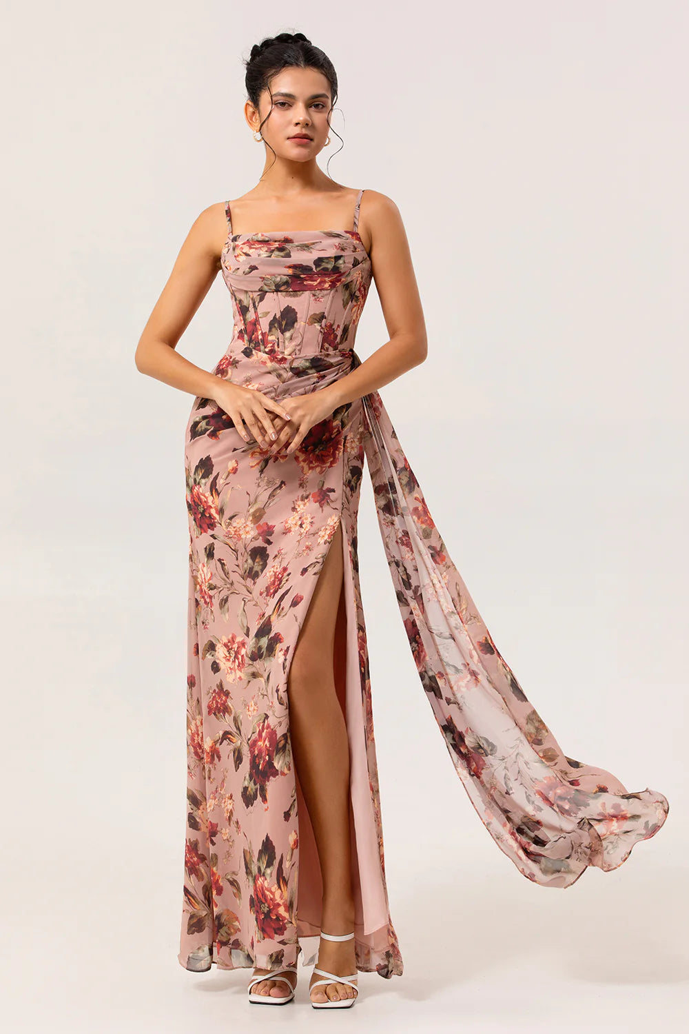 Dusty Rose Flower Fitted Corset Ruched Streamer Chiffon Long Plus Size Bridesmaid Dress with Slit