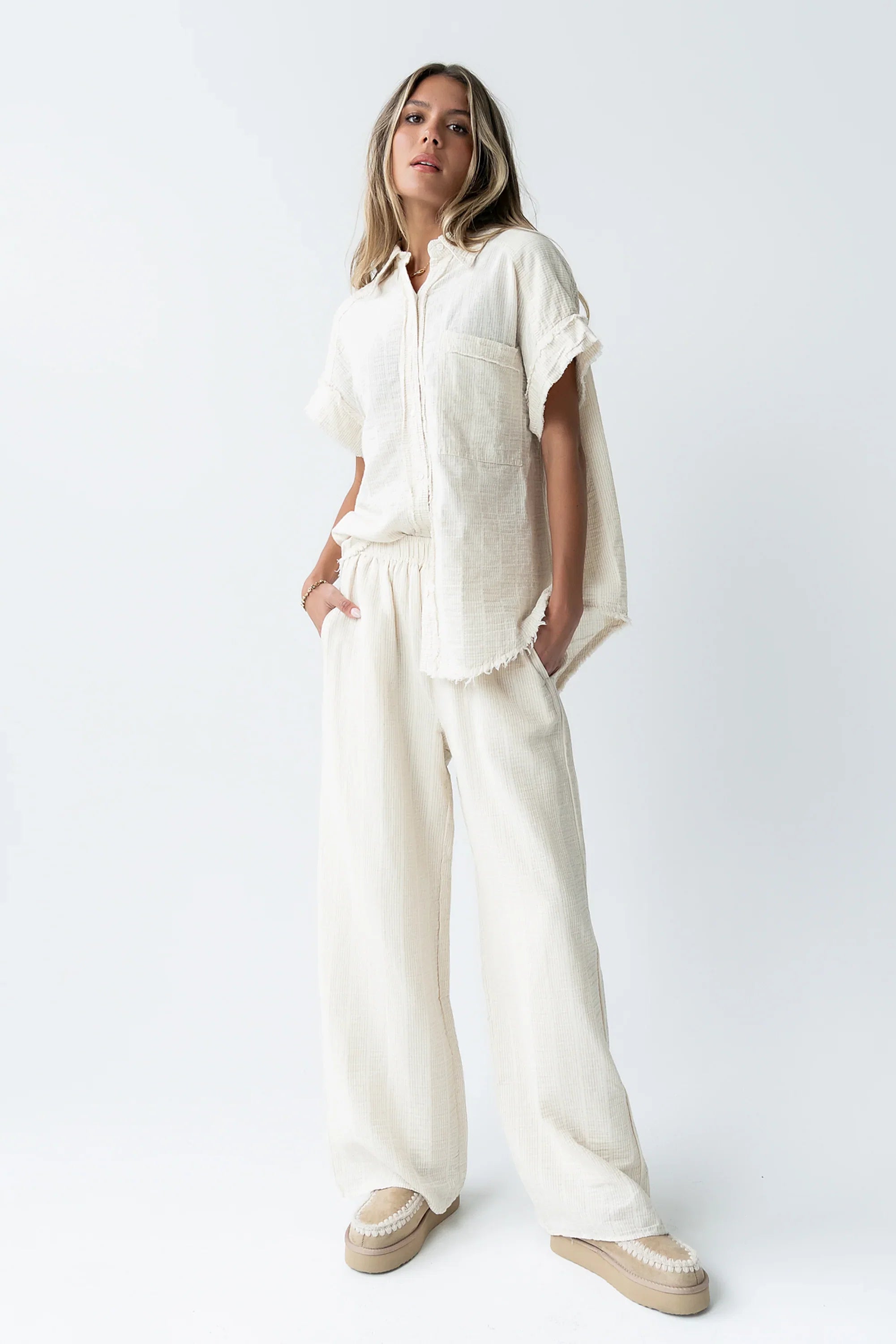 Belen Striped Button Up in Taupe