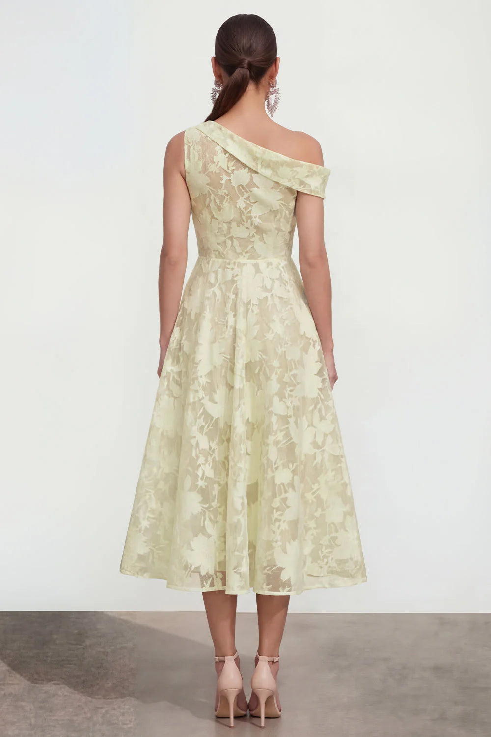 Floral Yellow Asymmetrical Neck A Line Wedding Guest Dress