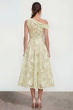 Floral Yellow Asymmetrical Neck A Line Wedding Guest Dress