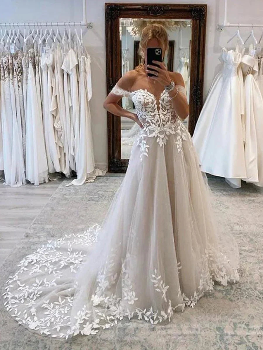 A line Lace Beach Wedding Dress with Off Shoulder Tulle Appliques