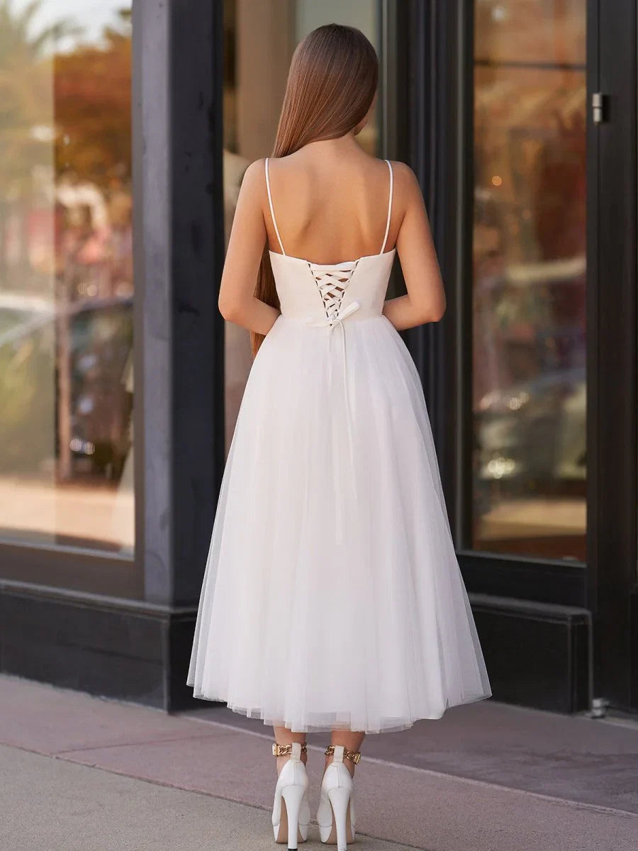 A Line Spaghetti Straps White Satin Tulle Tea Length Wedding Dresses